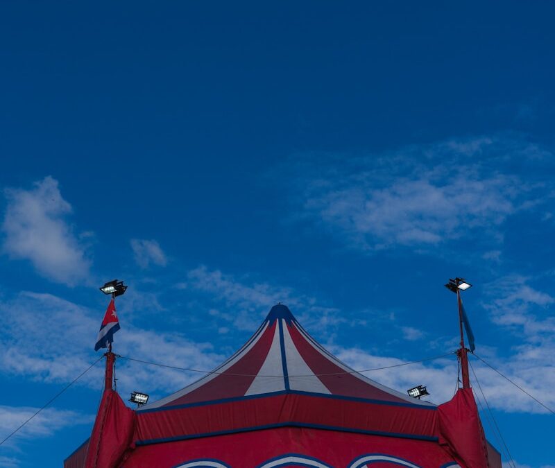 man in red shirt and blue denim jeans standing on red and white roof under blue